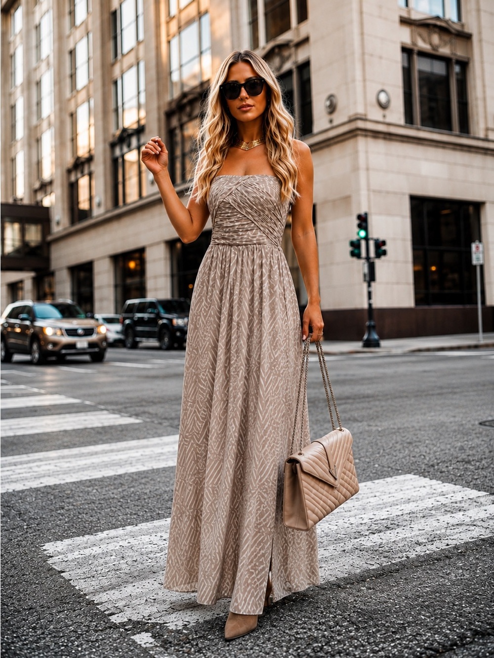A|X Armani Exchange Strapless Chiffon Maxi Dress Geometric Beige Gown - Size 8